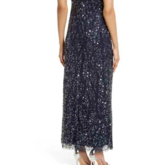 PISARRO NIGHTS SEQUIN & BEAD SLEEVELESS NAVY DRESS  sz 12 - Picture 7 of 9